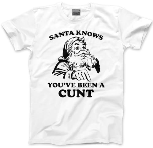 HotScamp Santa Knows You've Been A Cu*t Retro Funny Christmas Xmas T-Shirt Adult Christmas Top Offensive Joke Humor Sarcastic NSFW Rude M White