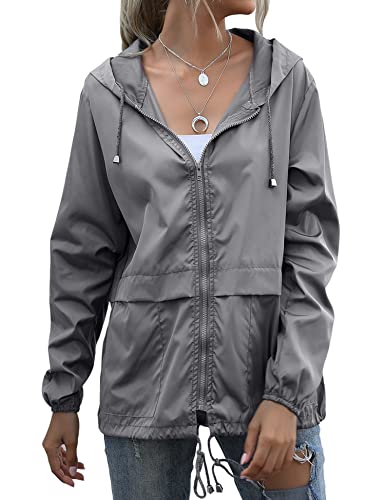Muzeca Women's Short Raincoat Lightweight Rain Jackets Waterproof Windbreaker Drawstring Rain Protection Gray Medium