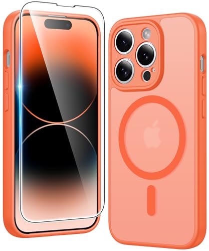 Image of FNTCASE for iPhone 14 Pro-Max Case: Matte Magnetic Phone Cases with Screen Protector Compatible with Magsafe Slim Anti Yellowing Rugged Shockproof Protective Translucent Cell Cover (C-Orange)