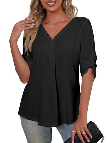 SiSoeng Tallas grandes para mujer, manga 3/4, túnica, blusa, cuello en V, elegante, camisetas M-3XL, Negro , XXL