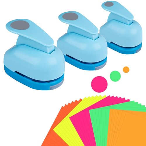 Stanzer Rund 3 Stück mit 30 Bunte Handgemachte Aufkleber Papierstanzer Motivlocher Stanzer Set für Geschenkanhänger Basteln Scrapbooking Fotos Grußkarten DIY Scrapbooking(10mm 15mm 25mm)
