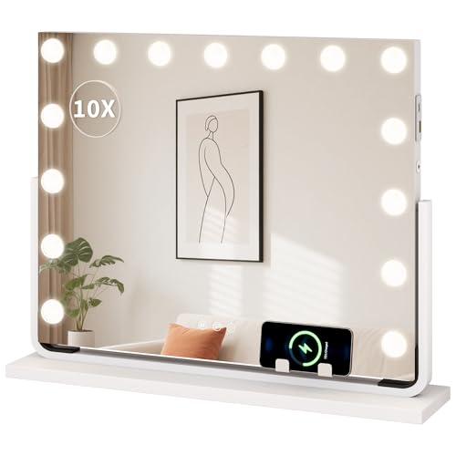 YITAHOME Espejo de Maquillaje con 15 LED y iluminación, Estilo Hollywood con Conexión USB y Tipo-C, 3 Temperaturas de Color Ajustables, Espejo Aumentador 10X y Soporte para Teléfono, 58x46 cm