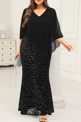 Plus Size Formal Dress - Evening Sequin Lace Long Mermaid Prom Dress with Chiffon Overlay Cape4