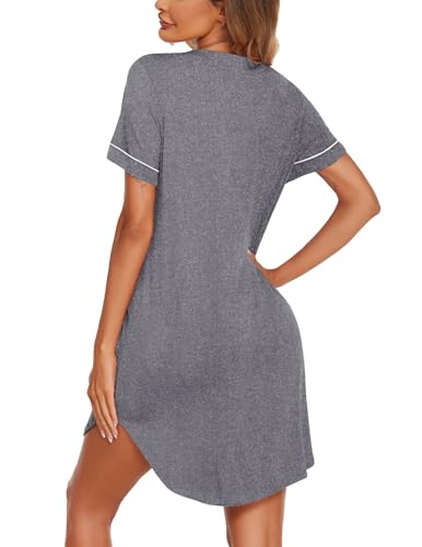 Image of Ekouaer Nightgowns for Women Button Down Night Gowns Short Sleeve Sleep Shirt V Neck Nightshirt Soft Sleepwear Pajams Dress