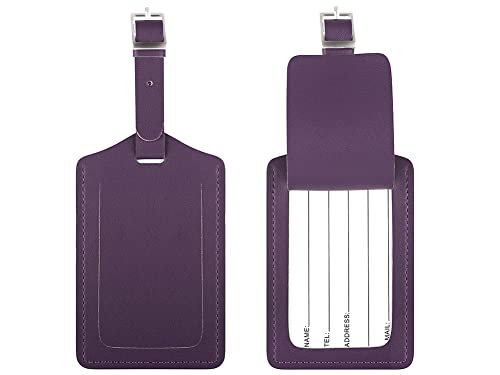 [2 Pack] Luggage Tags, Leather Case Luggage Bag Tags Travel Tags for Travel Bag Suitcase (Purple)