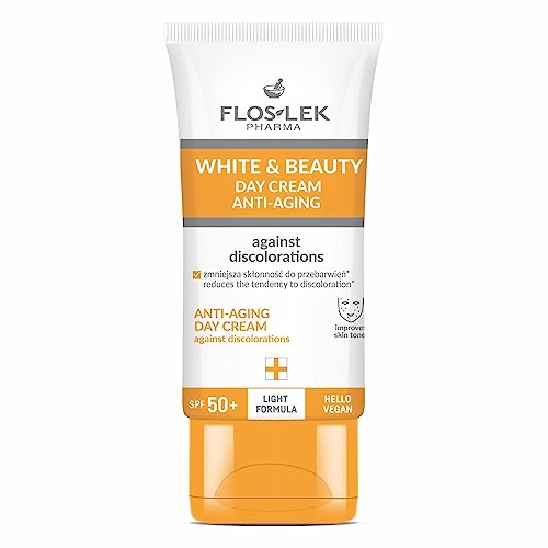 FLOSLEK White & Beauty Crema de día antiedad contra manchas pigmentadas SPF 50+ | Crema facial con factor de protección solar contra arrugas y ojeras | Elimina manchas de edad e impurezas | 50 ml