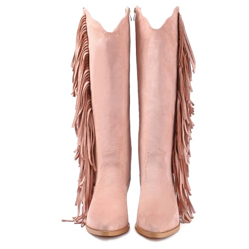 Image of KiutSymo Cowgirl Fringe Boots For Women White Tassels Cowboy Boots Knee High Pointed Toe Western Boots