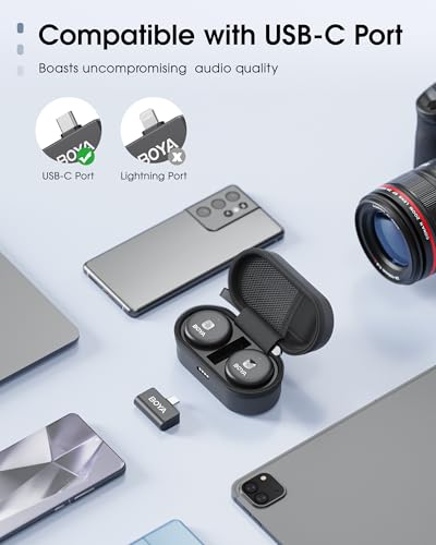 Microfone de lapela sem fio BOYA Omic-U para telefone Android tipo C, cancelamento de ruído, bateria