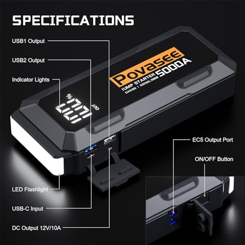 Image of Povasee Car Battery Jump Starter 5000A Jump Box (All Gas /10L Diesel) Portable Car Jump Starter Battery Pack, 12V Jumper Starter Portable 3 inch LCD Display /Power Bank /Dual Output /LED Light DC