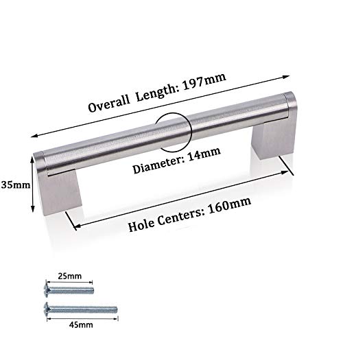 30 Pack 160mm(6-1/4inch) Hole Centers Diameter 14mm Stainless Steel Boss Bar Kitchen Cabinet Door Handles and Pulls Cabinet Knobs Length 197mm(7.88inch) Brushed Nickel