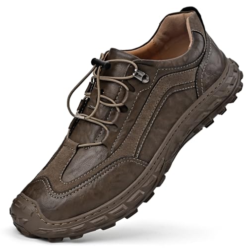 WDCZYA Men's Lightweight Waterproof Hiking Shoes Comfortable Leather Non-Slip Platform Slip On Trekking Trail Shoes Casual Fashion Outdoor Walking Work Sneakers (Khaki,12)