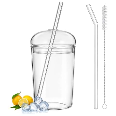 Qancesd Glass Cup with Lid and Straw, 16oz Iced Coffee Cups with Lids, Glass Tumbler with Dome Lid, Glass Tumbler with Straw, Drinking Glasses for Smoothies Juice Cover