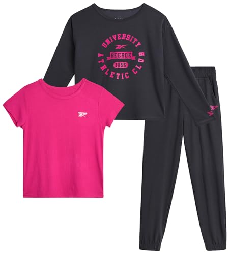 Reebok Conjunto de leggings esportivas para meninas – camisa de malha de 3 peças, leggings capri e s