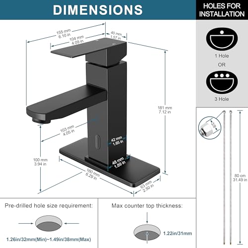 Homikit Touchless Bathroom Sink Faucet With Pop Up Drain & Deck Plate, Stainless Steel Automatic Motion Sensor Bathroom Faucets, Sensor Vanity Rv Lavatory Faucet With Single Handle, Matte Black thumb #1
