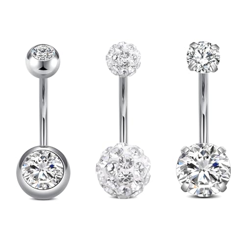 NIUSIMAN 14G piercing ombligo,3 piezas piercing ombligo acero quirurgico plata Piercing de ombligo pequeños cristales Piercing de ombligo Set 12MM Longitud de la barra Piercing Belly Button