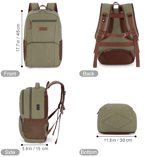 Tzowla Canvas Laptop College Backpack for Men and Women,Travel Work Vintage Rucksack with USB/Type-C Charging Port,Lightweight Hiking Casual Daypack Backpacks fit 15.6 inch Notebook,Green