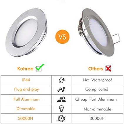 Kohree 4 x Recessed Dimmable LED Lights 3W Downlights 0.6Inch 12V LED Ceiling Lights Round Aluminum Alloy Casing IP44 Warm White for Living Room Bedroom Kitchen Bathroom Boat[Energy Class A++]