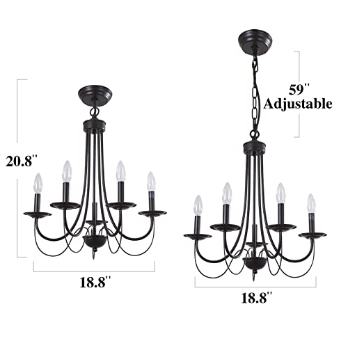 Febeleven 5-Light Farmhouse Chandelier - Traditional Black Candle Ceiling Hanging Light Fixture Adjustable Metal Industrial Pendant Lighting For Bedroom Entryway Dining Room Living Room Kitchen Island #TOP1