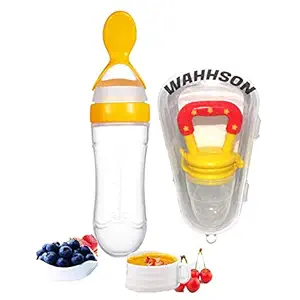 WAHHSON Baby Safe Silicone Squeeze Fresh Food Feeder Bottle with Food Dispensing Spoon, Infant Food Nibbler Teething Toy Feeding Pacifier, Combo Pack of 2 (Yellow)