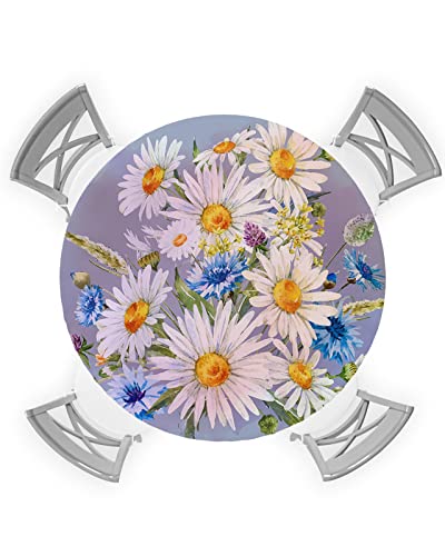Daisy Flower Round Waterproof Table Cover Fitted Tablecloth, Wipeable Fabric Elastic Table Cloth Oil-Proof Tablecover for Indoor Outdoor Picnic Party, Modern Minimalist Painting Aesthetics Art 55