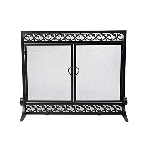 Plow & Hearth Metal Fireplace Screen Scrollwork Black | 44" W x 33" H | Dual Magnetic Hinged Doors | Spark Guard Cover | Stand Alone Wrought Iron Panel Fire Place Cover
