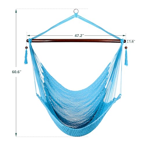 Image of Caribbean Hammock Swing Chair with Spreader Bar, Large Hammock Chair, Hand Craft Rope Hanging Chair Outdoor, Indoor, Bedroom, 330 LBS Weight Capacity, Blue