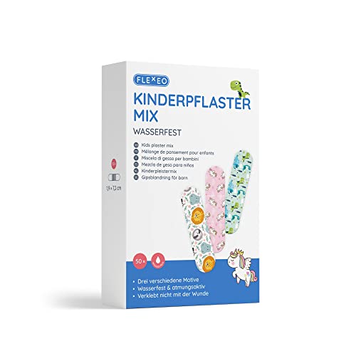 Juego de 50 tiritas para niños, paquete grande, varios diseños como animales, unicornios y figuras de dinosaurios, tiritas infantiles para niños y niñas, 1,9 x 7,2 cm, resistentes al agua y multicolor