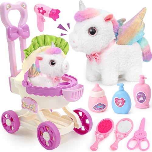 Toylink Elettronico Unicorno Giocattolo per Bambini Animali Giocattolo Interattivi Unicorno Giocattolo Cammina con Passeggino Giocattoli Prima Educazione Regalo di Compleanno per Ragazze