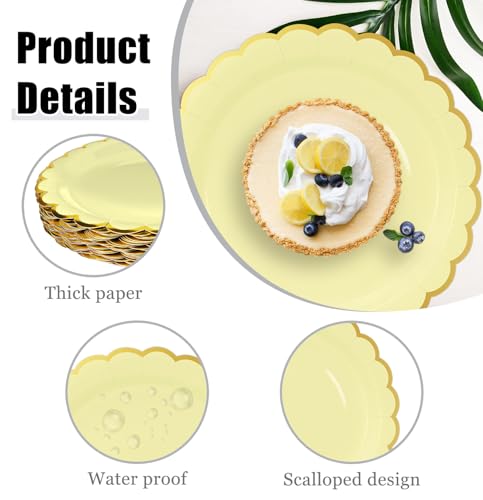 Image of HEIPINIUYE 50 Pieces Yellow Paper Plates with Gold Foil 9 Inch Disposable Yellow Scalloped Dinner Plates for Wedding Baby Shower Birthday Party