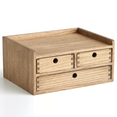 KIRIGEN Caja de Almacenaje de Madera Maciza Bandeja Plana, Organizador de Escritorio, Gran Capacidad, Organizador de Oficina de Madera amarillo-marrón