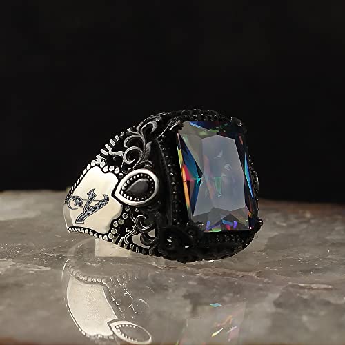 Handmade Personalized Men Silver Ring 925 Solid Sterling Silver Mystic Topaz Stone Men's Ring Handcrafted Customizable Letter Ring Monogram Silver Ring Gift For Him Gift For Men Boyfriend Gift #TOP3