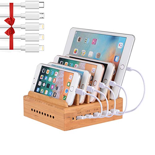 Bamboo Charging Station for Multiple Devices - Family Charge Docking Station&Organizer - 5 USB Port include 1 QC 3.0 - Compatible with iPhone iPad and Android Phone and Tablet -5 Short Cables Included
