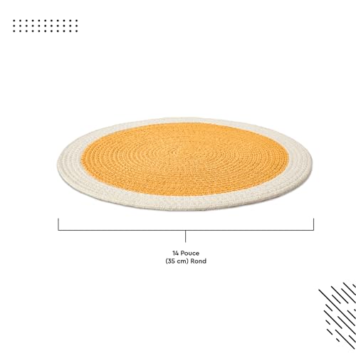 Image of Dining Table Mats Set of 4 | Cotton Table Mat 32 cm Diameter, Encasa XO Washable Round Table Mats, Heat Resistance Dining Table Placemats, Handmade Ribbed Style for Centre Table, Yellow & Off White