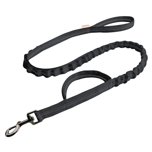 FOVRLZSE Reflective Bungee Dog Leash(Black) - 4FT to 5FT Adjustable Shock Absorbing Leash with Double Padded Handle & 360 No Tangle Metal Clasp for Small Medium Large Dogs