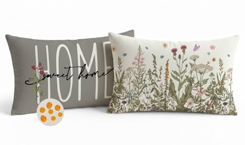 Avalune Funda Cojin Exterior Impermeable 30x50 cm Gris Fundas de Almohadas Decorativas Pintura de Plantas Verdes Primaveral Verano Cojines para Sofá Jardín Salón Dormitorio y Exteriores Juego de 2