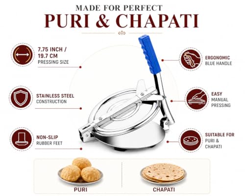Image of 7.75 Inch / 19.7 CM Stainless Steel Roti & Puri Press | Manual Chapati & Tortilla Maker with Ergonomic Blue Handle | Non-Slip Rubber Feet | Heavy-Duty Kitchen Press for Easy & Even Dough Flattening