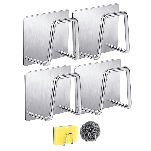 Adhesive Sink Sponge Holder for Kitchen,Stainless Steel Scrubber and Brush Hanger Caddy Accessories Storage Rack Stand,Waterproof Caddy Organizer Kitchen Accessories (Pack of 4)-image-33