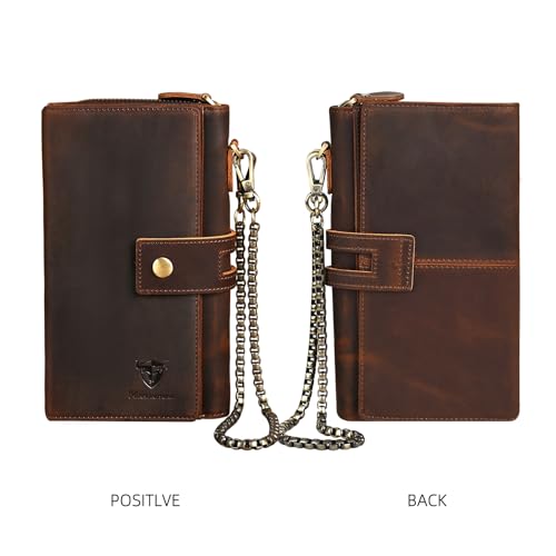 Image of Genuine Crazy Horse Leather Travel Gift Coin Pocket Card Case Long Organizer Chain Rfid Wallet Purse With Snap For Men Male 1803 1815 (W-1819-Brown)