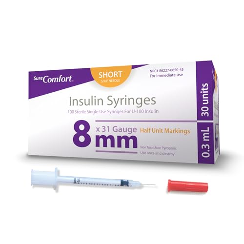 Image of SureComfort U-100 Insulin Syringes 31G x 5 /16 inch 3 /10cc 1 /2 Unit (8 mm), For Diabetes Care, Box of 100