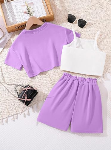Image of Hilinker Girls 3 Piece Summer Outfits Graphic Crop Tee and Cami Top with Shorts Set