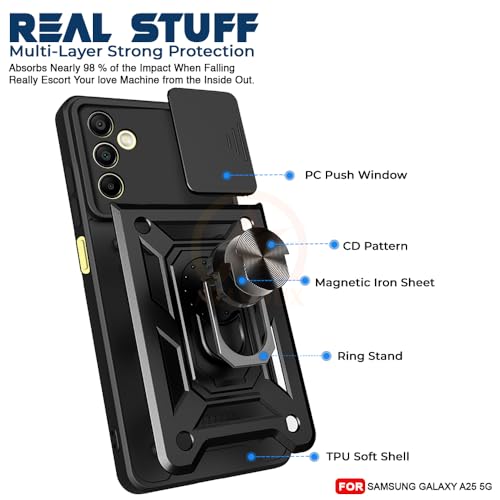 Image of Armor Bumper Back Cover Case for Samsung A25 5G Rotating Camera Cover, Ring Holder & Kickstand | Heavy Duty & 360 Degree Protection Samsung A25 5G Back Cover (Black)