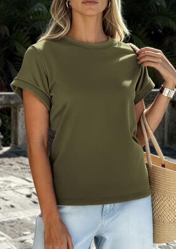 Image of PRETTYGARDEN Womens Summer Tops Short Sleeve Shirts | Lightweight Stretchy Knit,Rolled Sleeves,Crewneck Basic Tees,Loose Fit Daily T Shirt,Casual Work Travel Vacation Outfits