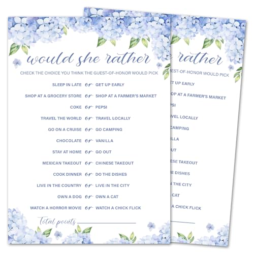 oayGnay Bridal Shower Games, Would She Rather, Blue Hydrangea Wedding Shower Game Cards, Bridal Shower Games 25 Guests for Wedding Party, Minimalist Engagement Party Supplies (5"x7") -09