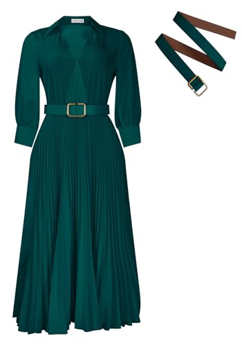 Image of Famnbro Womens Pleated Dress V Neck Long Sleeve A line Church Formal Works Business Dresses with Belt