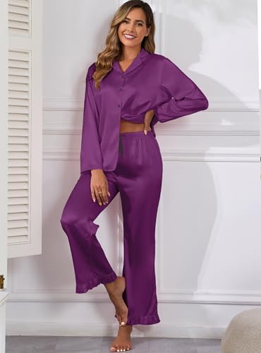 Image of Veseacky Women Satin Pajamas Set 2 Piece Button Down Short Sleeve Soft Sleepwear with Pockets
