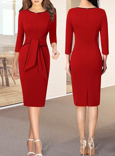 Image of VFSHOW Womens Front Zipper Tie Waist Bow 3 /4 Sleeve Slim Fitted Work Business Office Party Bodycon Pencil Sheath Dress