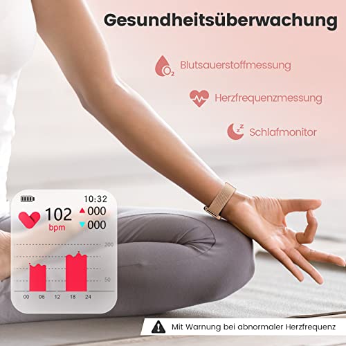 AooDen Smartwatch Damen, 1.69 Zoll Smartwatch mit Pulsmesser Schlafmonitor SpO2, IP68 Wasserdicht Fitness Armbanduhr, Schrittzähler Uhr Damen, Sportuhr Stoppuhr Aktivitätstracker Android iOS, Golden