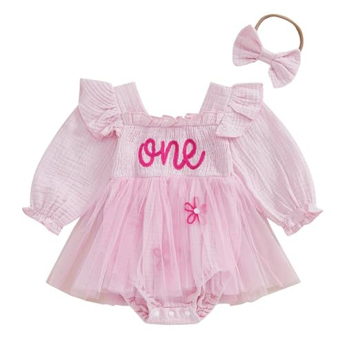 Geagodelia Infant Baby Girl 1st Birthday Romper Dress Letter Embroidery Bodysuit Jumpsuit A-Line Mesh Tulle Tutu Skirt Baptism First Birthday Princess Dress with Headband (Pink 12-18 Months)