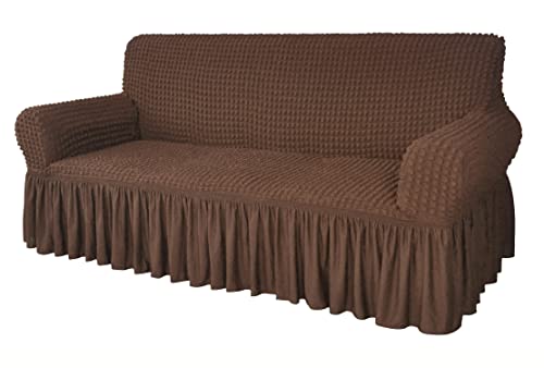 Image of House of Quirk Turkish Bubble Frill 280 GSM Sofa Slipcovers, Durable Washable Universal Four Seater High Elastic Furniture Protector (Coffee, 230-300cm)