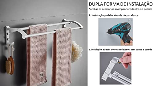 Toalheiro Duplo Suporte Porta Toalha 50 cm Com Ganchos Dupla Instalação